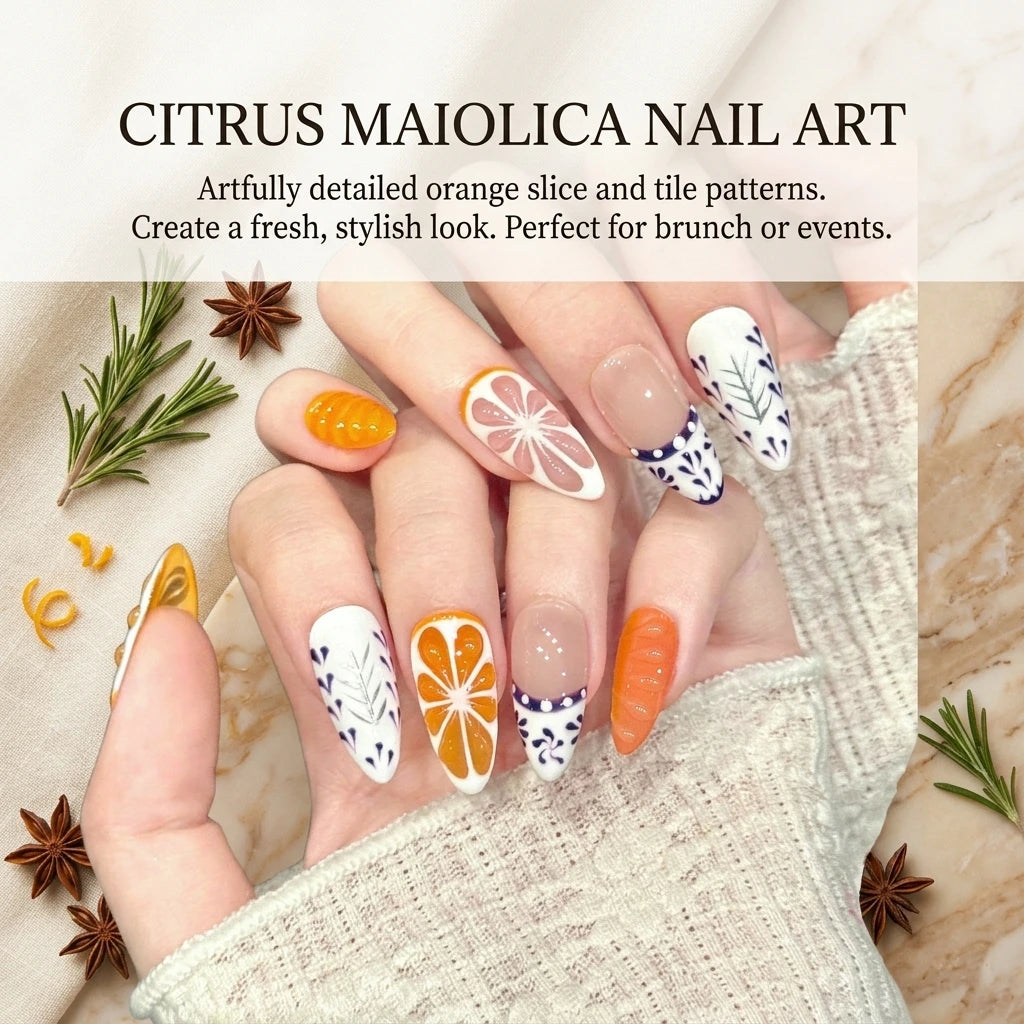 10pcs Handmade Press On Nails 3D Grapefruit And Orange Decor Wearable Almond Artificial Nails Self Adhesive Reusable For Women Peaceful Pleasures Health and Wellness