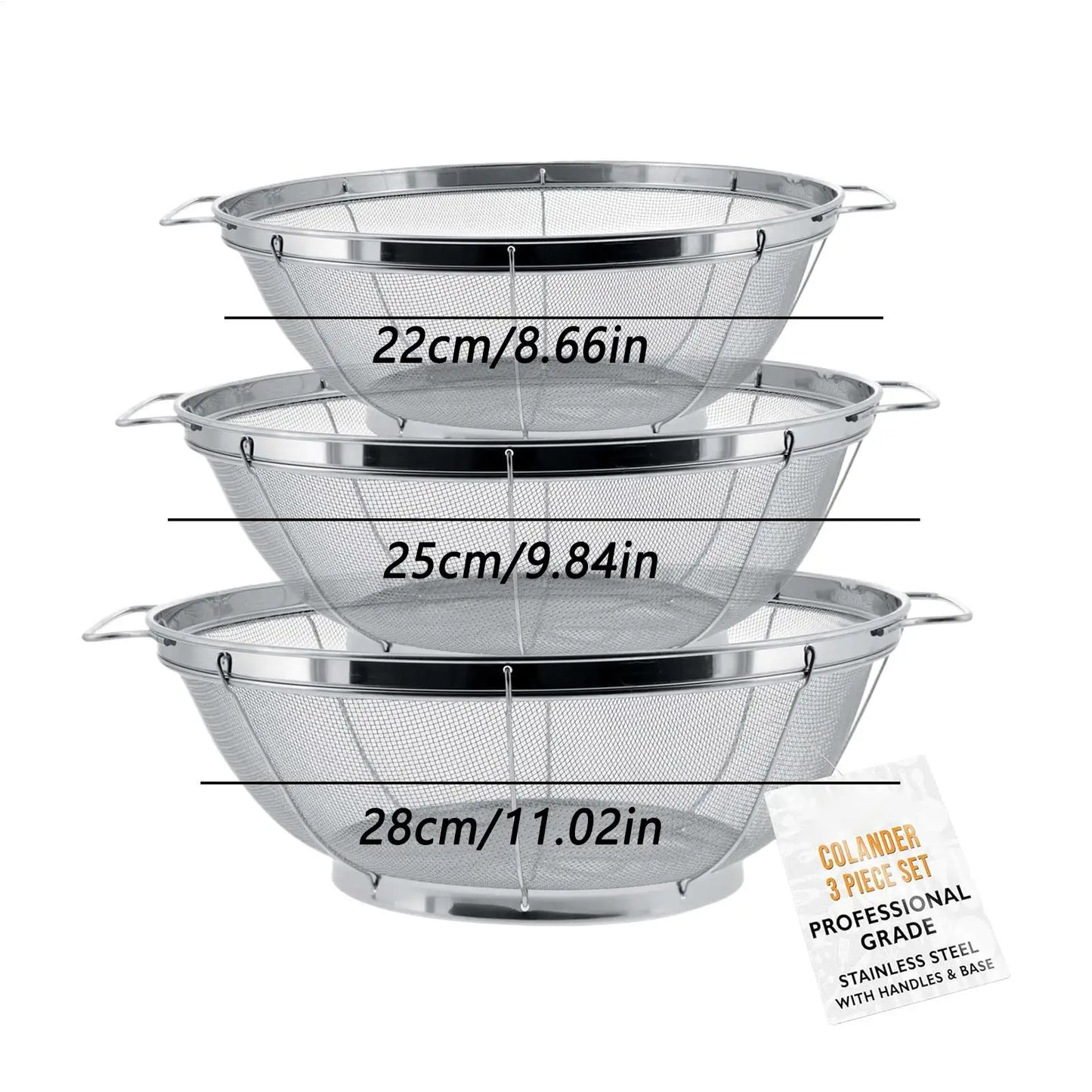 3 Pieces Kitchen Metal Strainers Pasta Strainer Baskets with Handle Stainless Steel Colander Sieves for Spaghetti Fruit Veget Peaceful Pleasures Health and Wellness