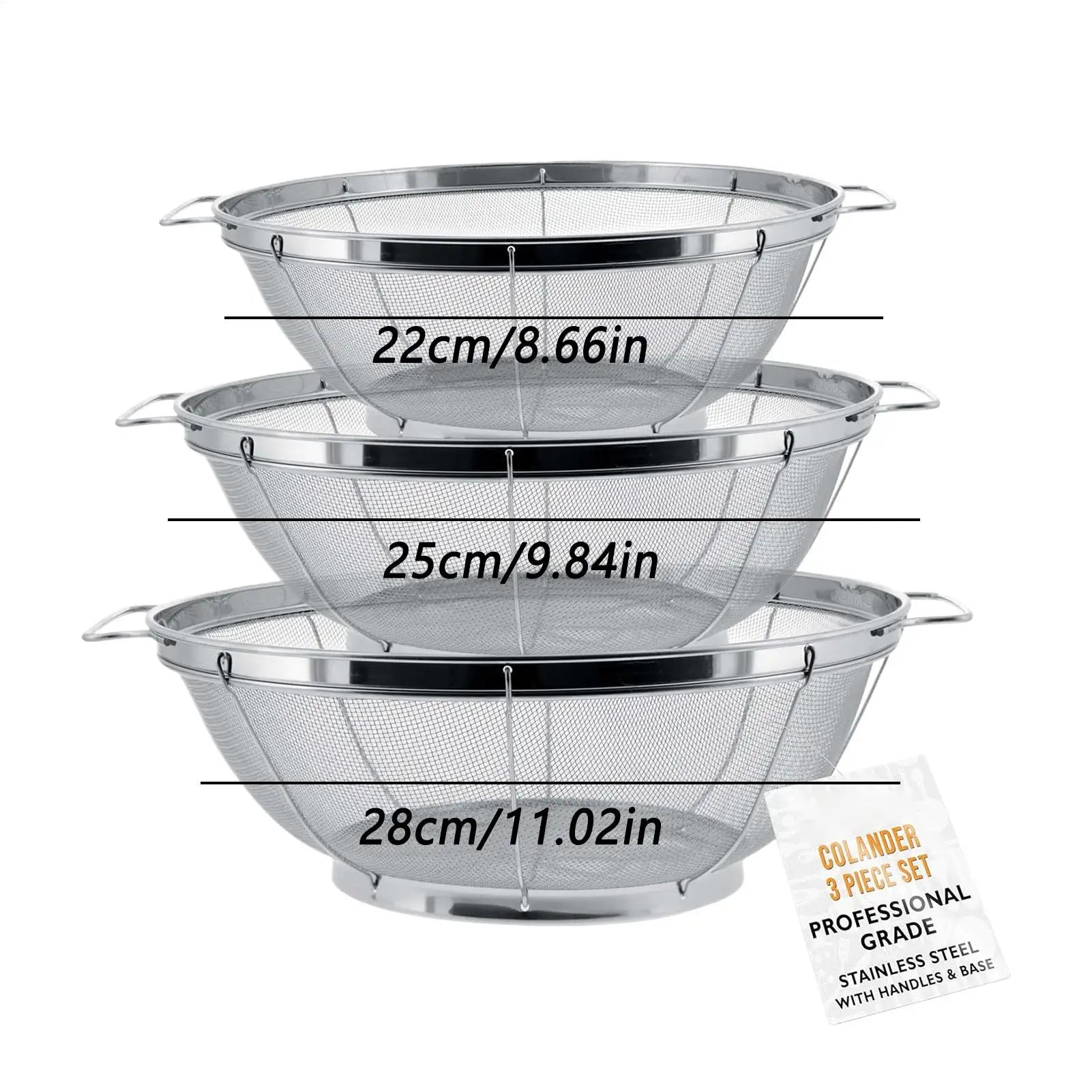 3 Pieces Kitchen Metal Strainers Pasta Strainer Baskets with Handle Stainless Steel Colander Sieves for Spaghetti Fruit Veget Peaceful Pleasures Health and Wellness