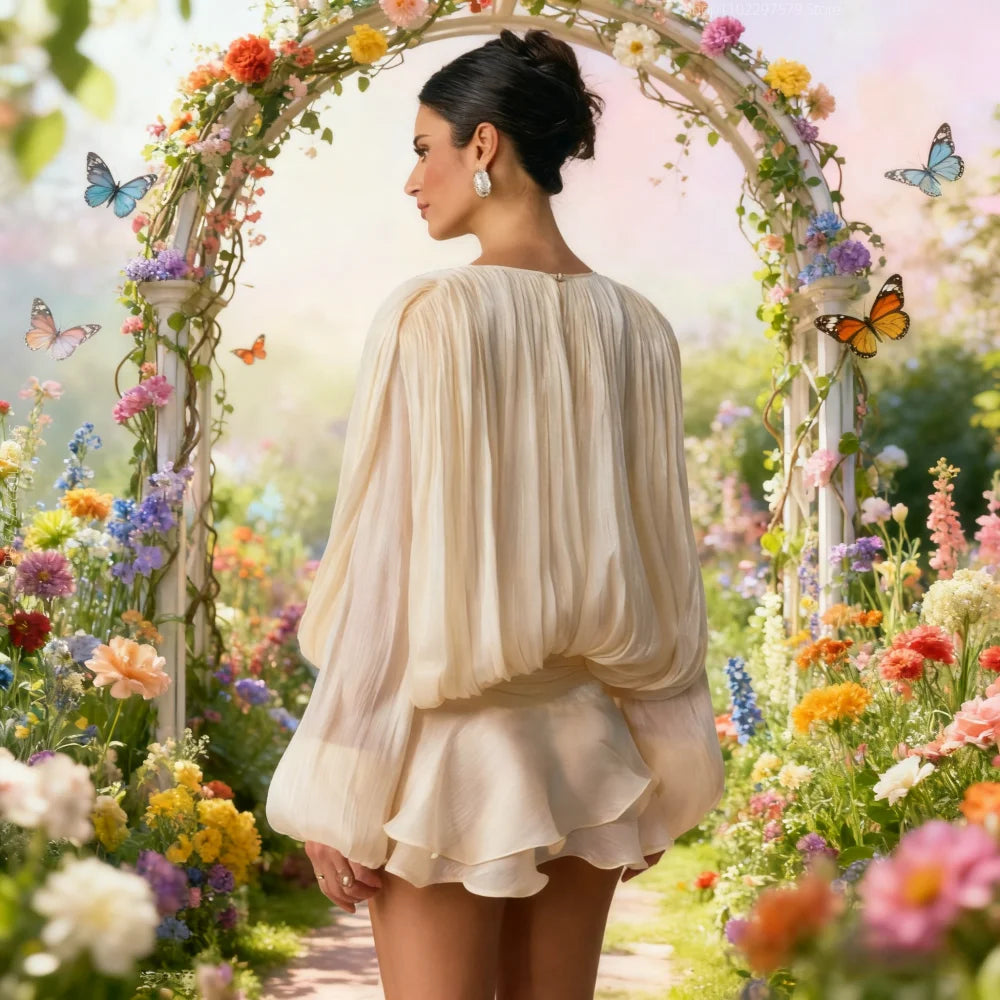 2025 New Stunning Fashion Trendy Shiny Ruffle Leaf Leaf Mini Dress Women's Chic Loose Hollow Ladies Summer Party Dress Peaceful Pleasures Health and Wellness