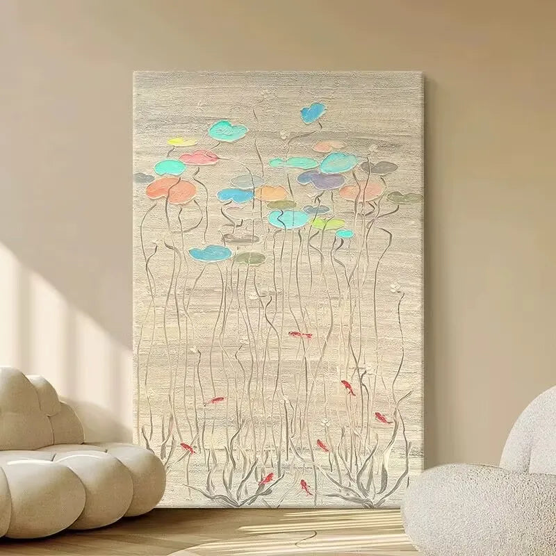 Lotus Pond Scenery Hand Drawn Oil Painting,Abstract Texture, Living Room Decoration Painting, Homestay Hotel Modern Art Painting Peaceful Pleasures Health and Wellness No frame 120cmx240cm