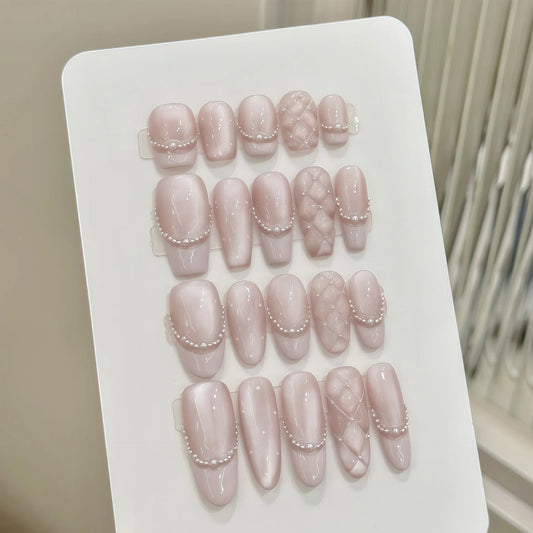 Handmade Sweet Diamond Grid Decor Press on Nails French Shiny Pink Cat Eye Fake Nails Wearable Reusable Korean Bride False Nails Peaceful Pleasures Health and Wellness