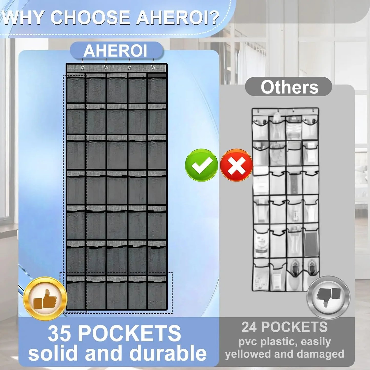 35-Pocket Over Door Shoe Organizer, Hanging Storage Rack Holds 40 lbs, Gray Mesh Durable Bag Peaceful Pleasures Health and Wellness