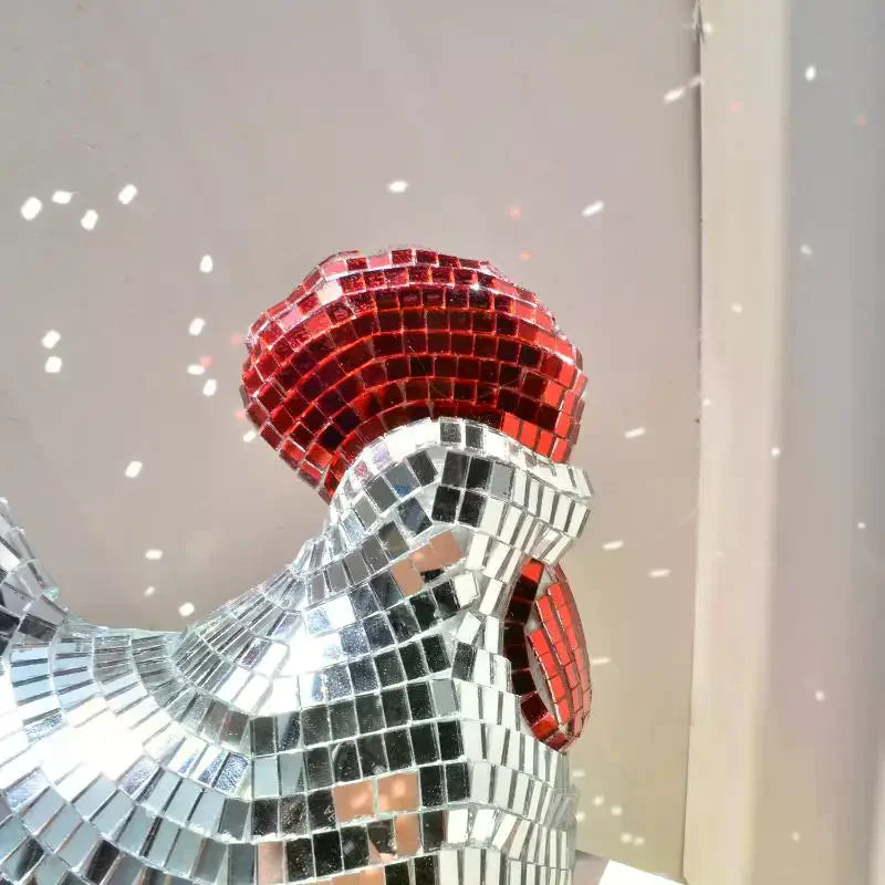 Disco Ball Mirror Rooster Sculpture | Home Decor & Party Ornament