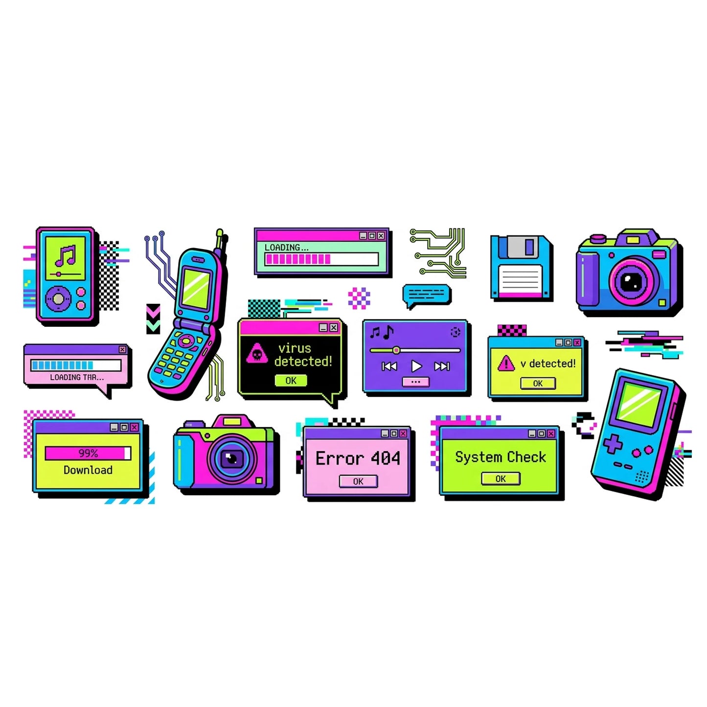 Neon Retro Tech UV Transfer Sticker | Waterproof Decal for Laptop