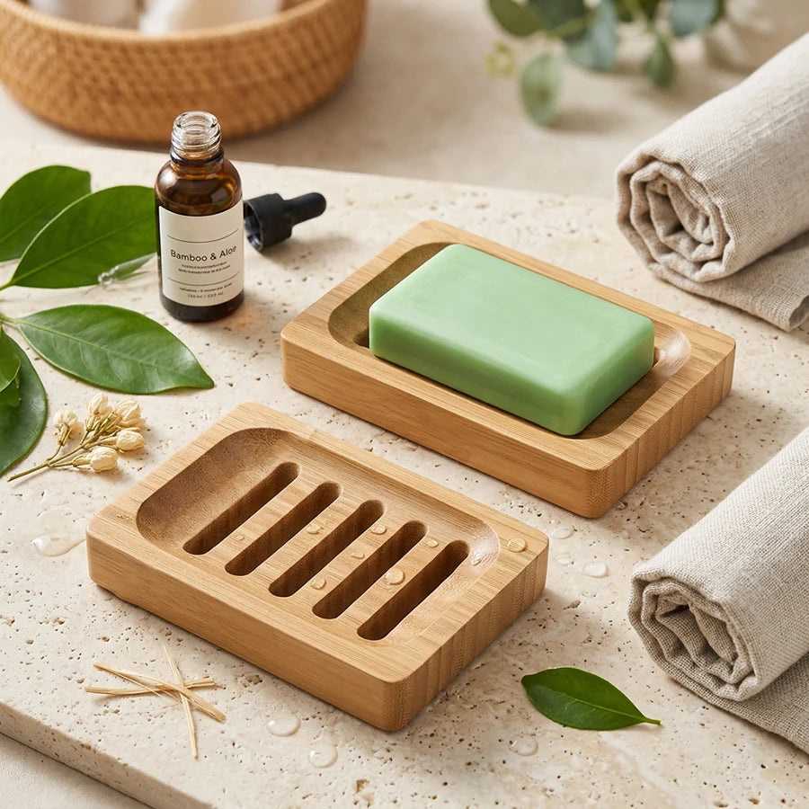 Bamboo Soap Holder for Shower & Kitchen Sink – Eco-Friendly Wooden Tray (1-2 Pcs)