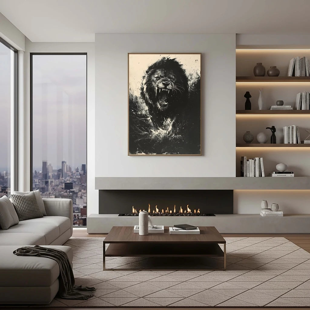 Abstract Wall Art Black Monochrome Style Angry Lion Canvas Painting Modern Style Poster Prints Living Room Wall Decor Peaceful Pleasures Health and Wellness