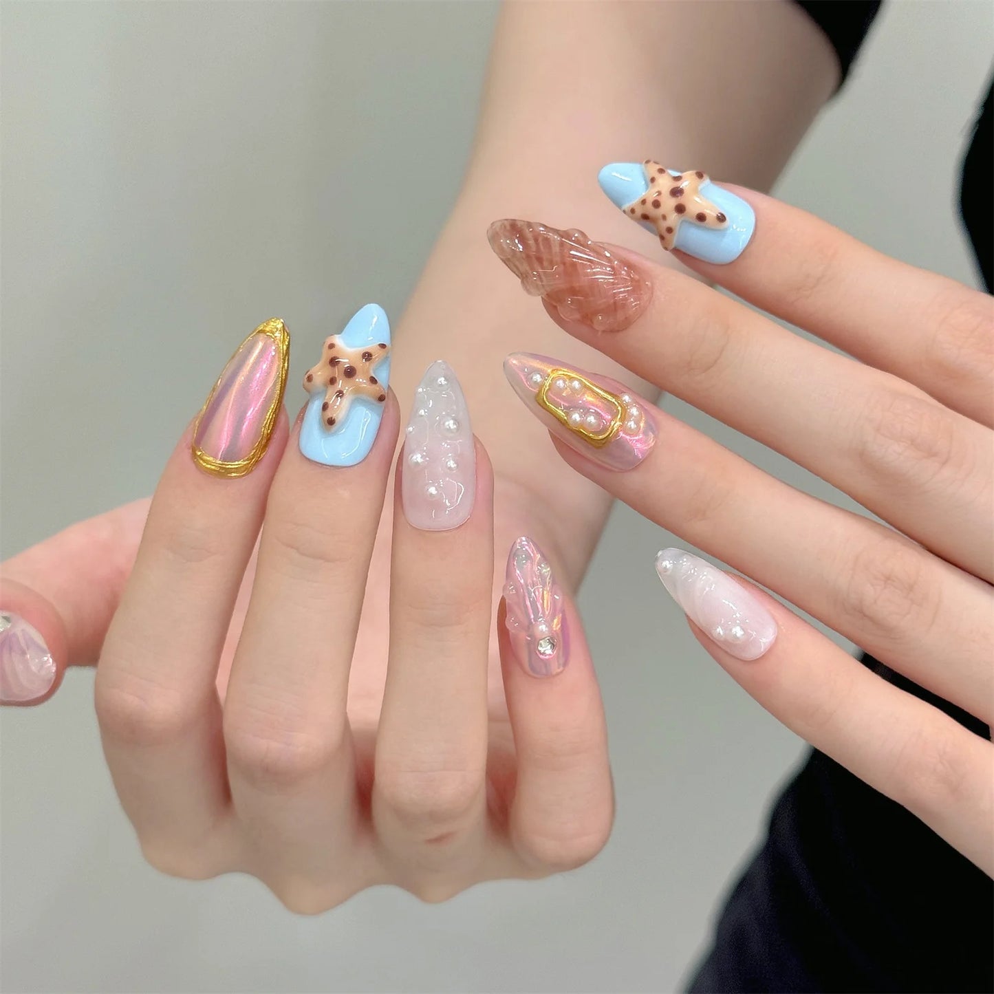 Aurora Press On Nails 3D Flower Glitter Pearl Almond Set 10pcs Press On Nails Peaceful Pleasures Health and Wellness