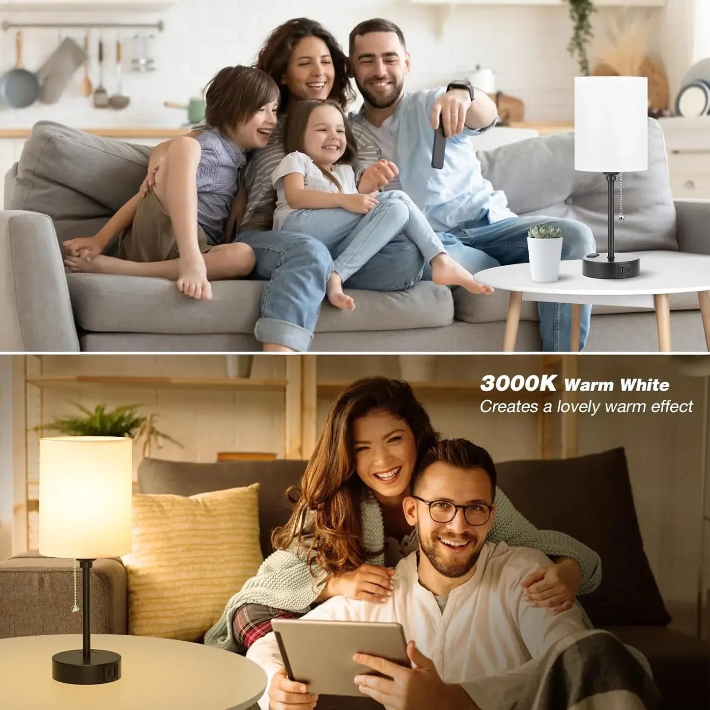 USB-C Bedside Lamp with 3 Color Temperatures, AC Outlet & Pull Chain - White Nightstand Light for Reading Peaceful Pleasures Health and Wellness