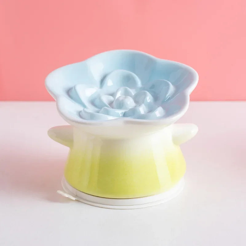 Elevated Ceramic Cat Bowl | Flower Shape Anti-Slip Tilted Feeder