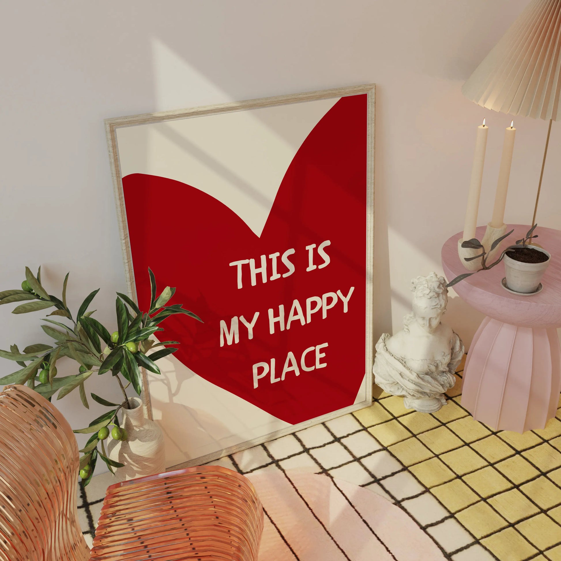 This Is My Happy Place Art Poster Red Heart Text Quotes Printed Canvas Painting Modern Minimalist Wall Art Home Bedroom Decor Peaceful Pleasures Health and Wellness