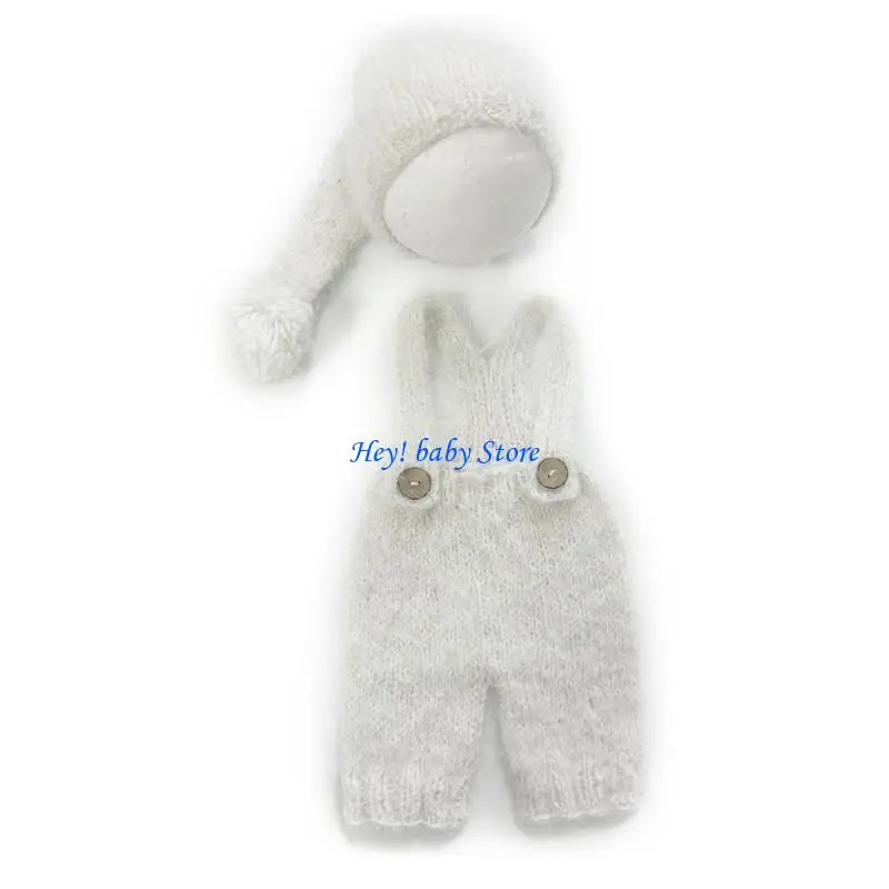 Newborn Photo Props Knit Turban Hat & Suspender Romper Set