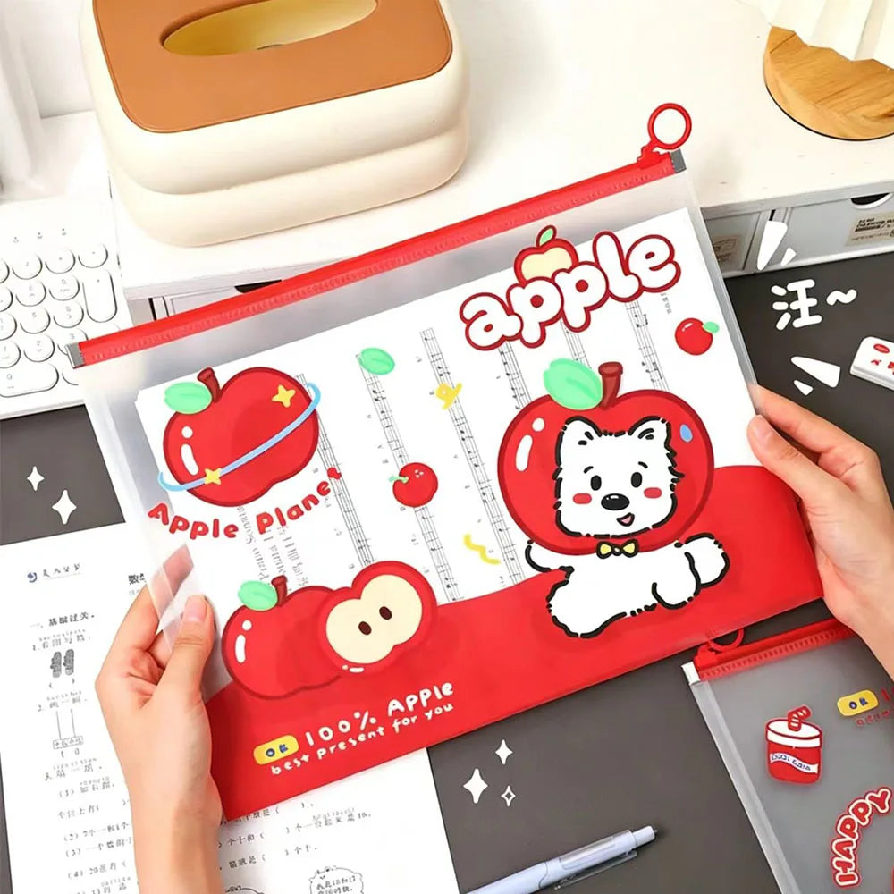 4 Cute Apple Dog A4 File Bag Pull Edge Transparent Data Archive
