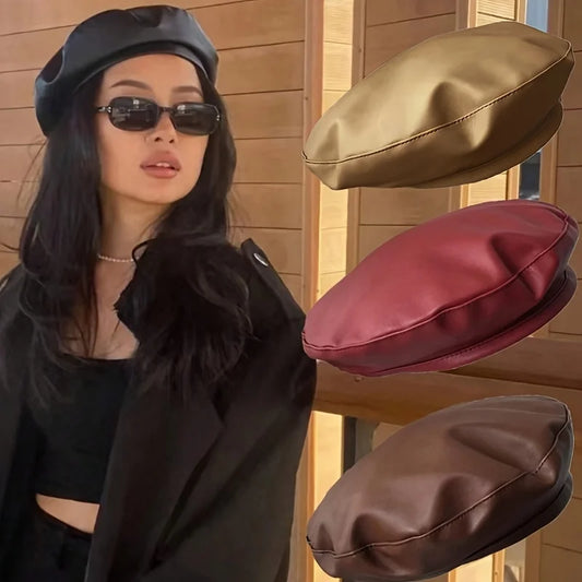 Women's French Beret Hat – Faux Leather Artist Cap Beret Hat Oasis Select