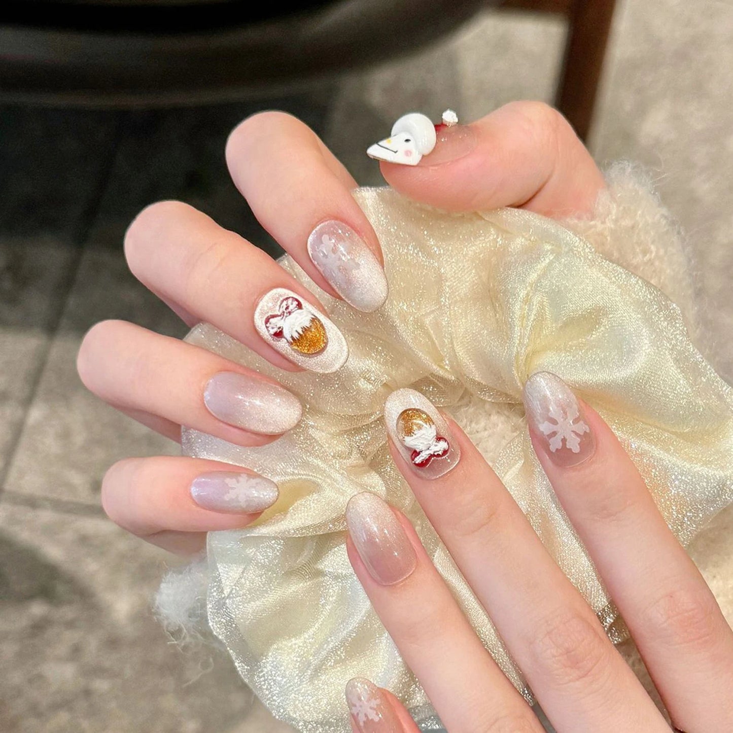 Christmas Press-On Nails 3D Snowman Crystal Cat's Eye 10pcs