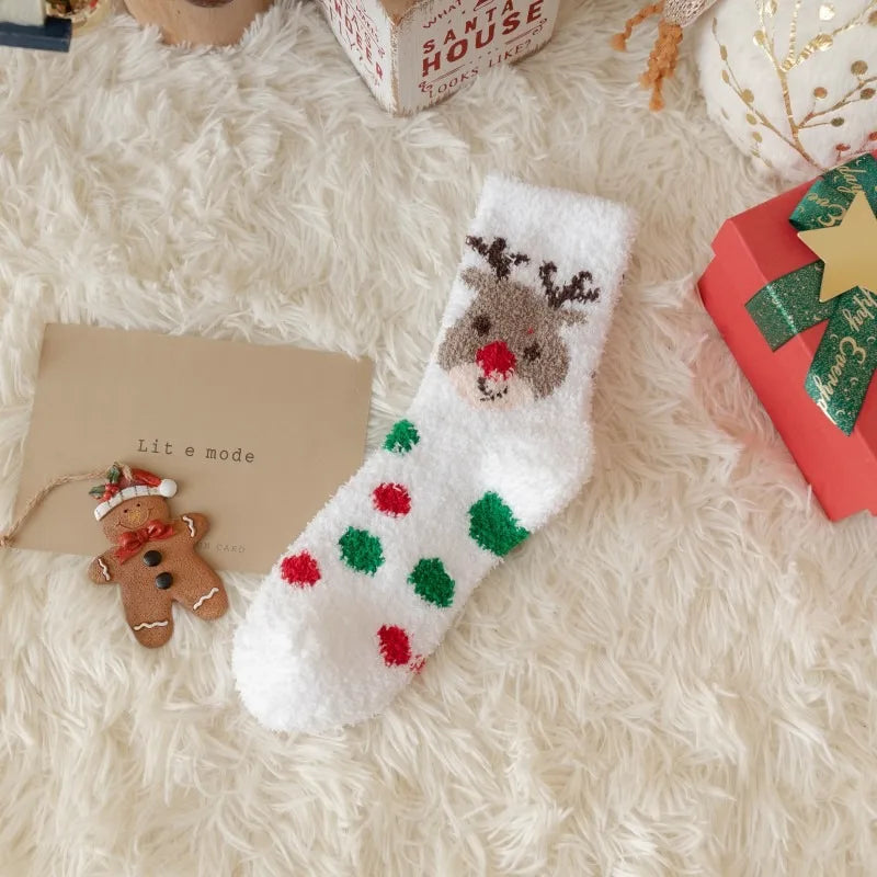 1 Pair of Coral Fleece Christmas Socks, Cute Elk Snowman Gift Socks, And Plush Mid Tube Men's And Women's Floor Sleeping Socks Peaceful Pleasures Health and Wellness Dark Red One Size