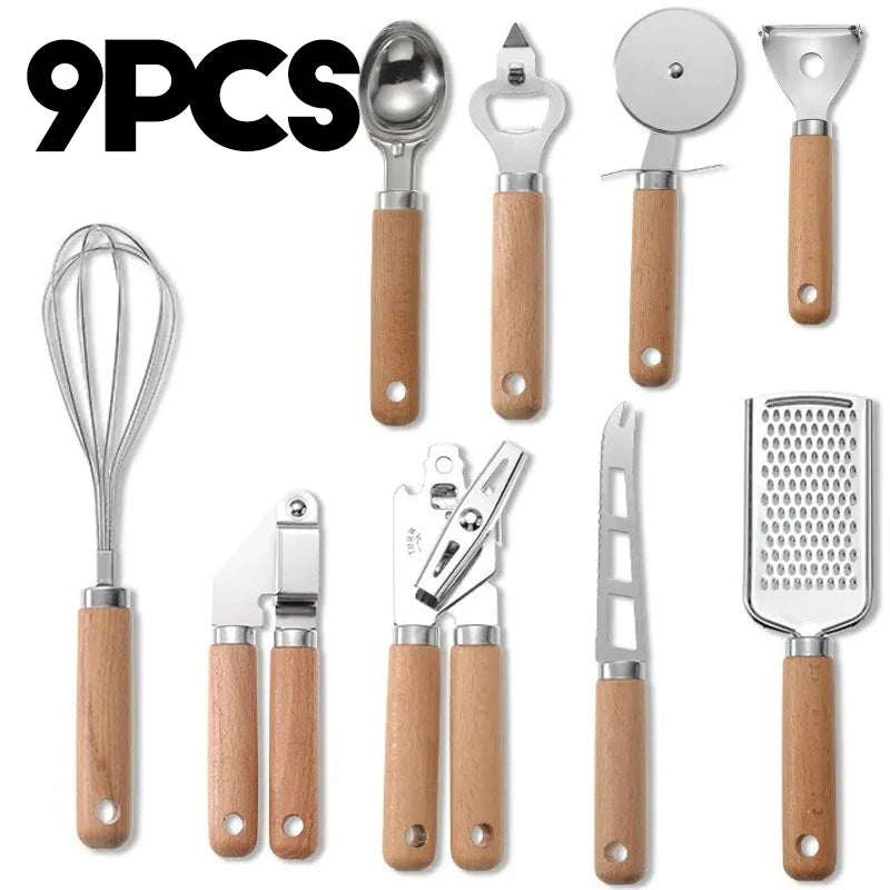 9pcs Cooking Utensils Set Wooden Handle Can Opener Baking Pizza Peeler Egg Beater Cheese Knife Ice Cream Spoon Kitchen Gadget Peaceful Pleasures Health and Wellness 9Pcs
