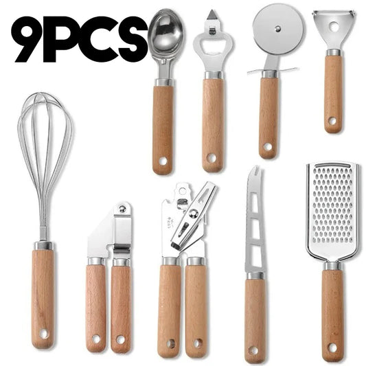 9pcs Cooking Utensils Set Wooden Handle Can Opener Baking Pizza Peeler Egg Beater Cheese Knife Ice Cream Spoon Kitchen Gadget Peaceful Pleasures Health and Wellness 9Pcs
