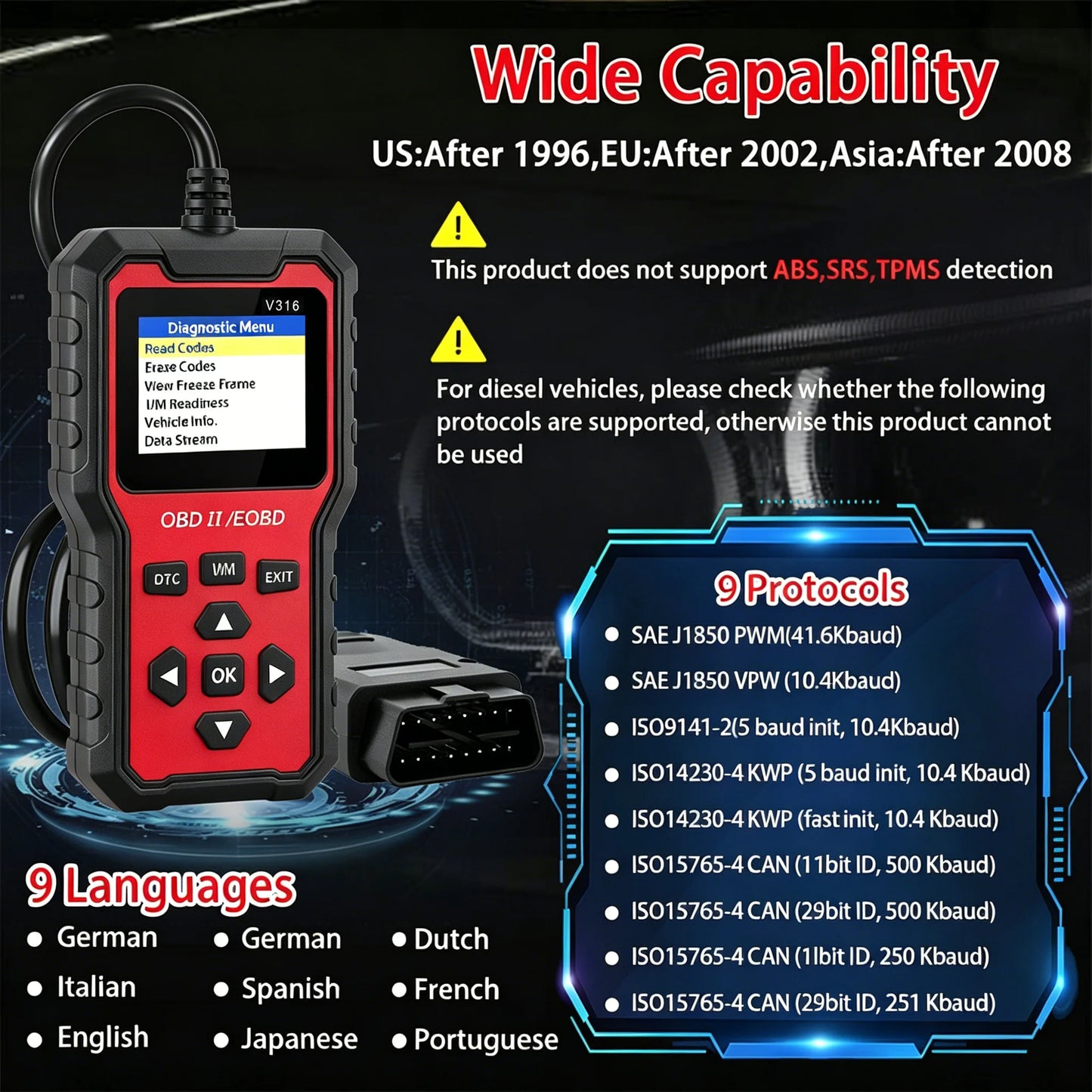 V316 Obd2 Scanner Multifunctional Car Code Reader Battery Voltage Test Tool Reset Check Engine Light for All Cars Peaceful Pleasures Health and Wellness