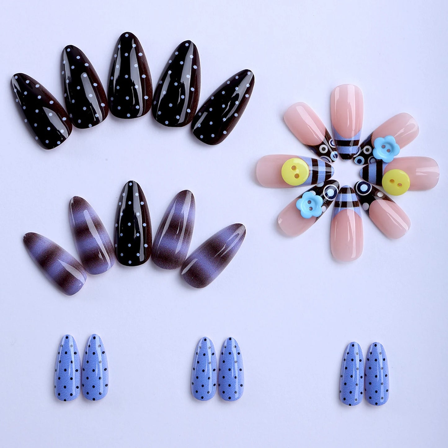 24pcs 3D Flower Press-On Nails Y2K Brown Blue Gradient Almond