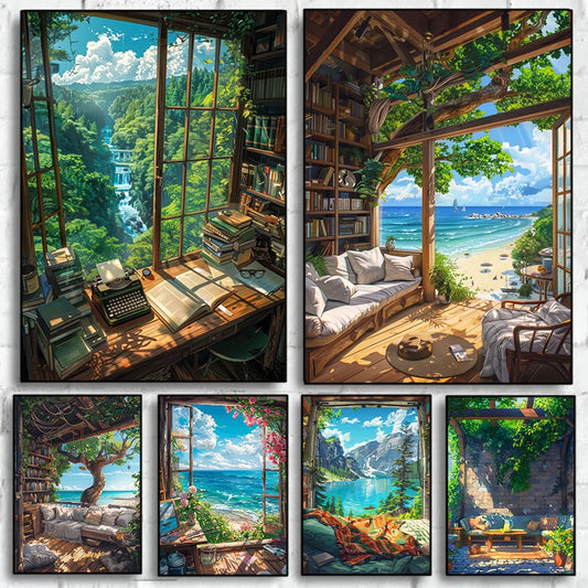 Cartoon Beach Cottage Canvas Wall Art | Coastal Home Decor Canvas Wall Art Peaceful Pleasures Health and Wellness