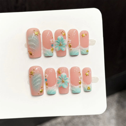 10pcs Handmade Press On Nails Ocean Style False Nails Pink Blue Color 3D Flower Design Long Square French Fake Nail Tip Wearable Peaceful Pleasures Health and Wellness