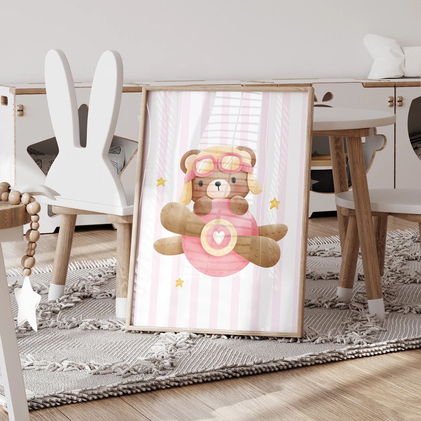 3-Piece Pink Teddy Bear Hot Air Balloon Kids Canvas Wall Art