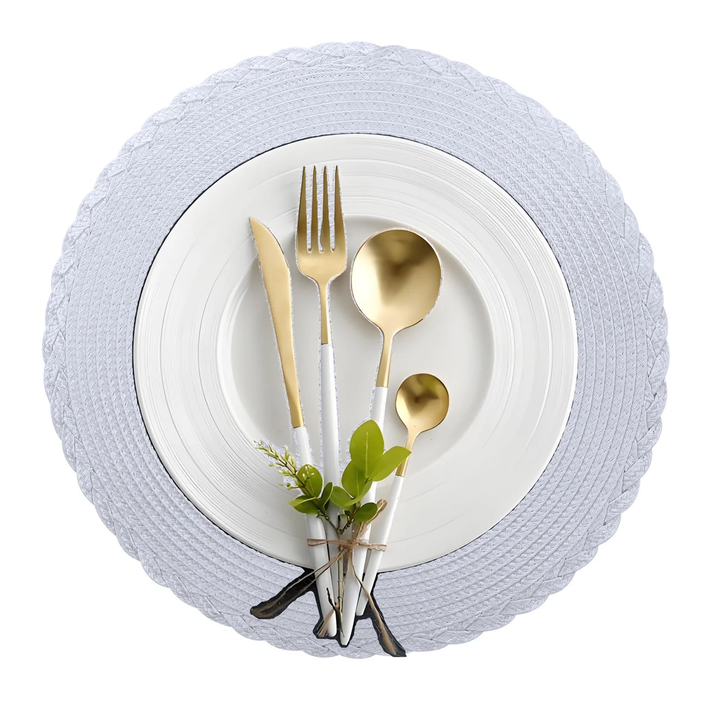 6Pc Round Braided Table Mat with 6Pc Cup Coasters Heat Resistant Washable Non Slip Placemats for Kitchen Dining Tables Pads Peaceful Pleasures Health and Wellness B Sliver Grey 33.5CM and 10CM