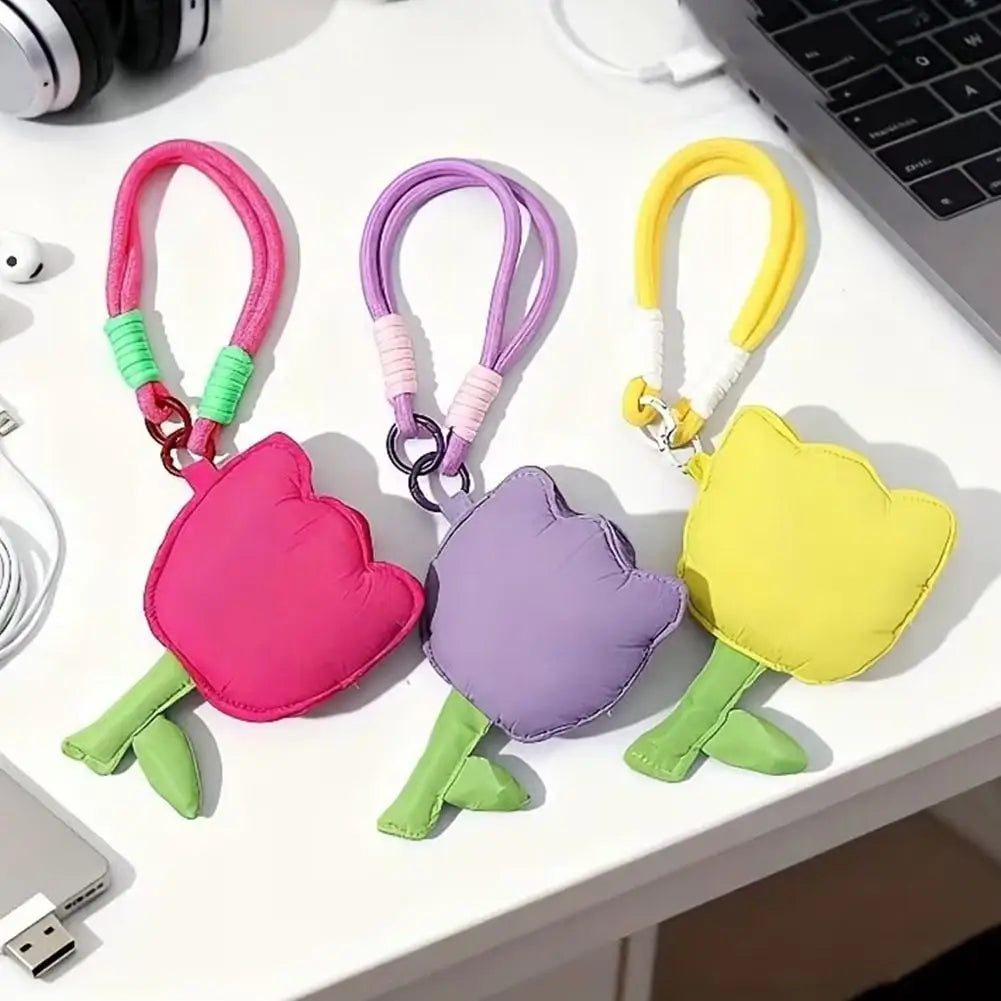 Puffy Tulip Bag Charm Keychain Kawaii Floral Pendant for Handbag Backpack Earphone Case Keyring Accessory Women Girl Gift Peaceful Pleasures Health and Wellness