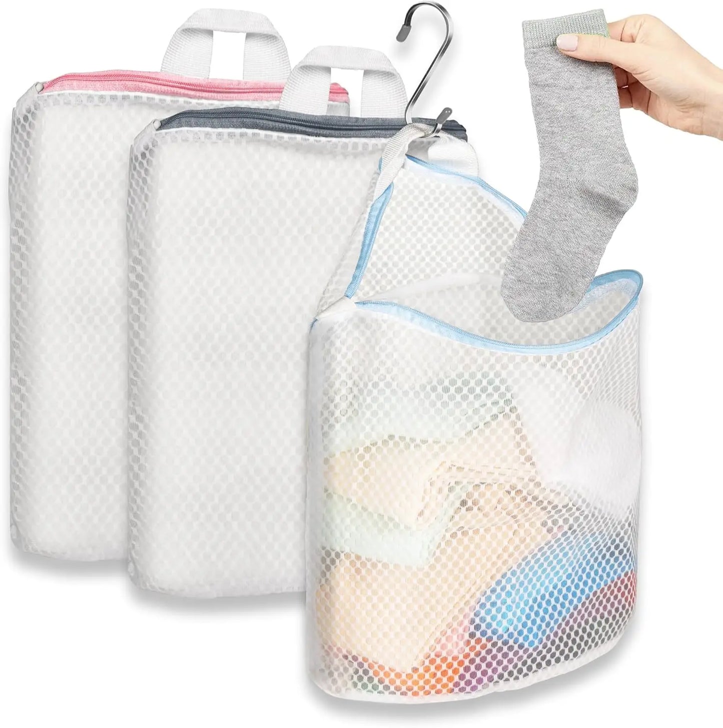 3-Piece Mesh Laundry Bags with Hooks for Socks, Assorted Colors Laundry Organizer Peaceful Pleasures Health and Wellness United States