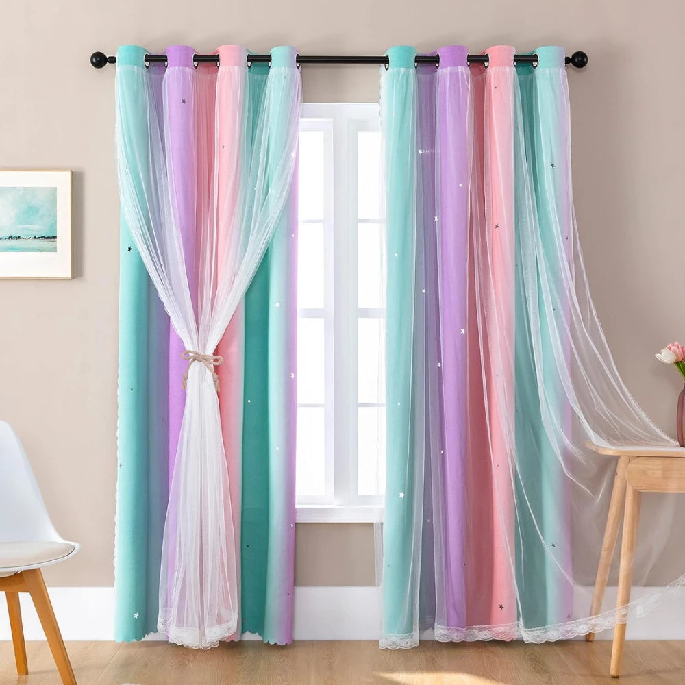 Blackout Curtains for Girls Kids Bedroom 2 Layer Thermal Insulated Rainbow Drapes 2 Panel Set Curtains with Sheer Pink/Purple Peaceful Pleasures Health and Wellness Pink Purple Green 132cmx160cm 2 panels
