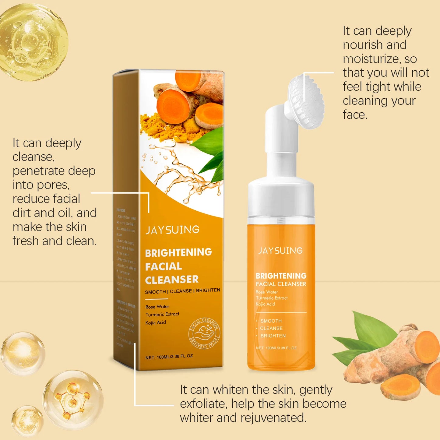 Jaysuing Turmeric Foam Facial Cleanser – Exfoliate & Minimize Pores