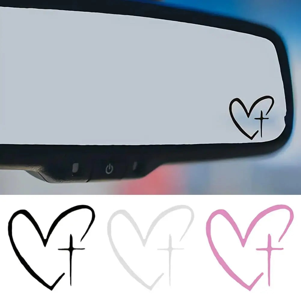 Heart Cross Car Mirror Stickers – Waterproof Religious Vinyl Decal