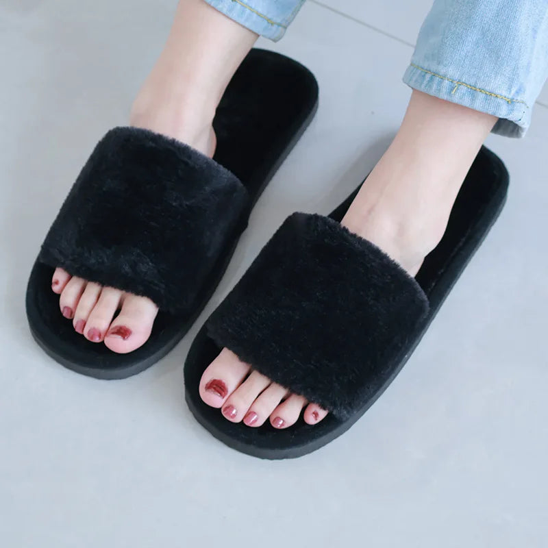 Women's Leopard Plush Open Toe Slippers | Cozy Fuzzy Indoor