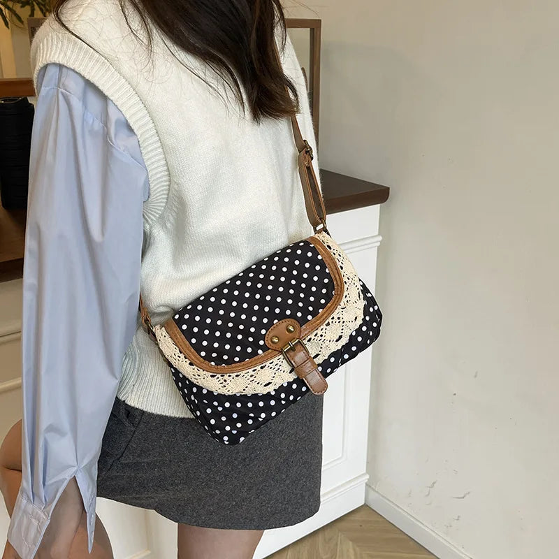 New Korean Style Polka Dot Women's Shoulder Crossbody Canvas Bag Fashionable & Exquisite Small Purse for Girls Fashion Versatile Peaceful Pleasures Health and Wellness