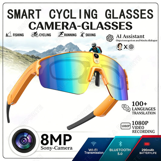 Smart Cycling Glasses 8MP Camera WiFi BT AI Translator Sports Smart Sports Glasses Peaceful Pleasures Health and Wellness Or-Or