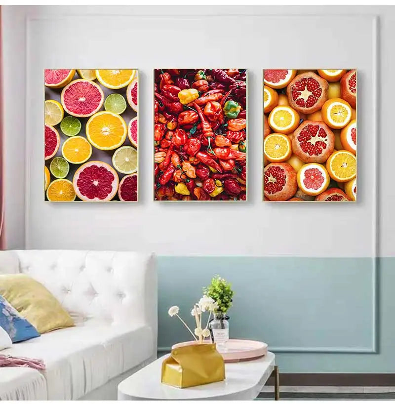 Nordic Wall Art Canvas Painting Colorful Fresh Vegetable Fruits Posters for Kitchen Decor Orange Lemon Picture for Restaurant Peaceful Pleasures Health and Wellness