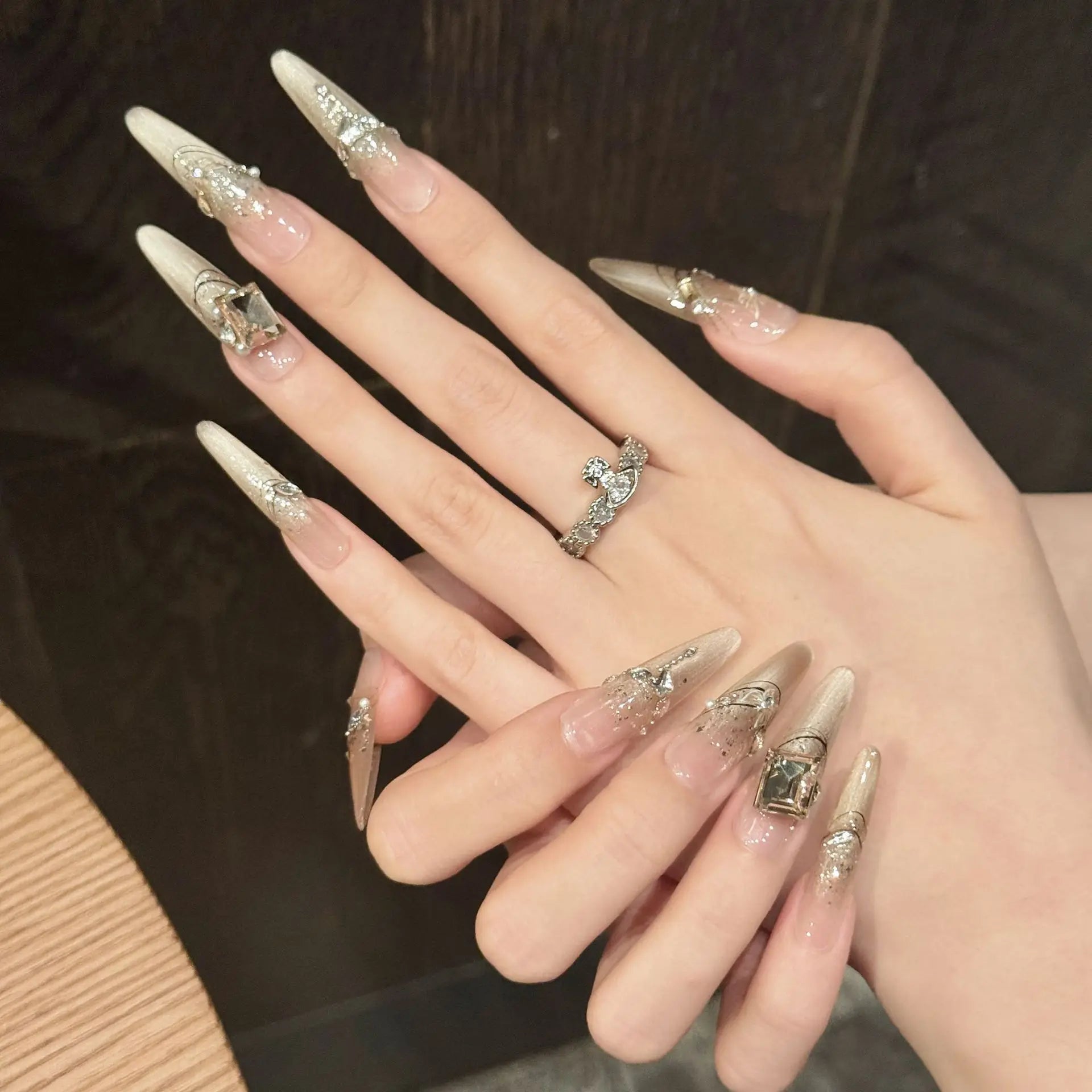 10pcs Handmade Long Oval Press on Nails Shiny Powder Rhinestone Design False Nails Wearable Full Cover French False Nail Tips Peaceful Pleasures Health and Wellness