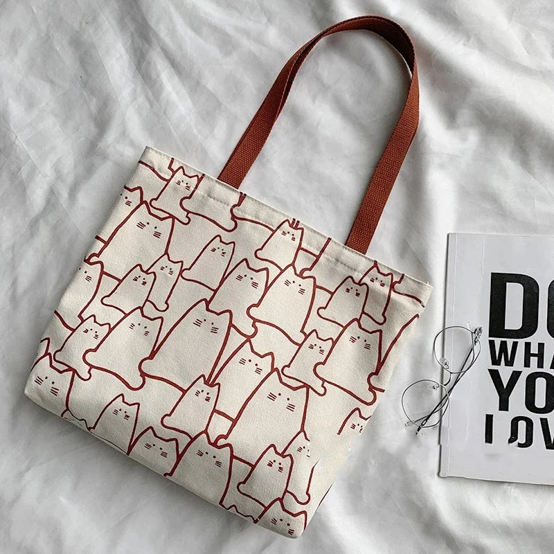 Cute Cartoon Cat Canvas Tote Bag Women Fashion Shoulder Casual