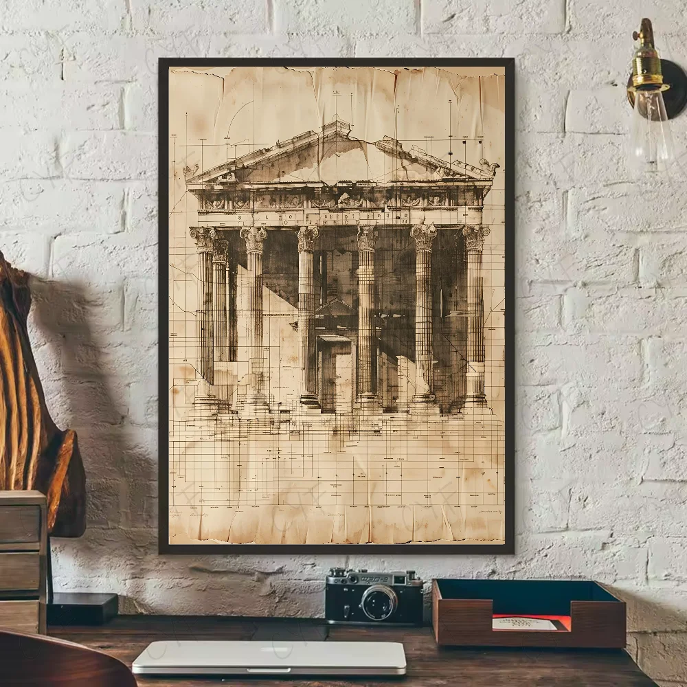 Vintage Architecture Drawings Wall Poster | Waterproof PVC Art Wall Art Poster Peaceful Pleasures Health and Wellness z6 21X30cmNoframe
