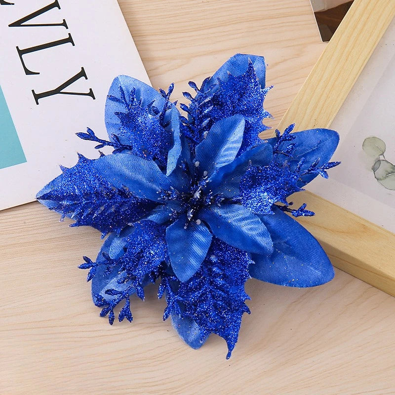 Glitter Artificial Christmas Flowers with Clips – Xmas Tree Decor