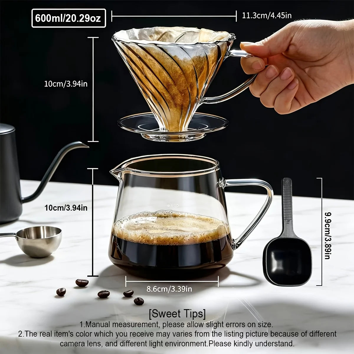 Pour Over Coffee Maker with Coffee Spoon 600ML/20OZ, Heat Resistant Borosilicate Glass Dripper with Filter Holder Peaceful Pleasures Health and Wellness