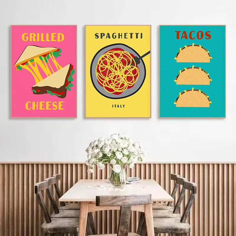 Retro Food Canvas Wall Art | Pizza Tacos Ramen Pasta Poster