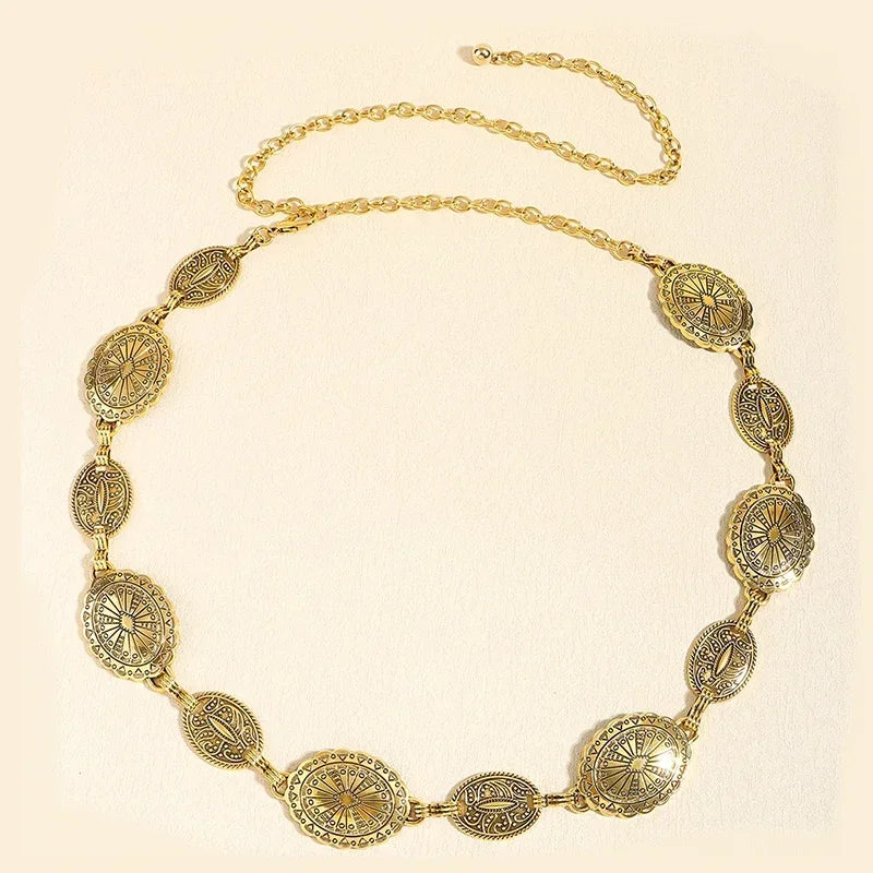 Retro style women's metal waist chain accessories Decorative circle carved chain belt high style accessories Peaceful Pleasures Health and Wellness