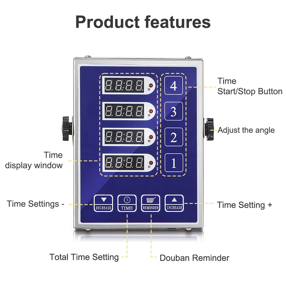 Restaurant 4-Channel Reminder Timer Digital Restaurant Timer Clear LED Display Extra-Loud Adjustable Alarm Timer Kitchen Baking Peaceful Pleasures Health and Wellness