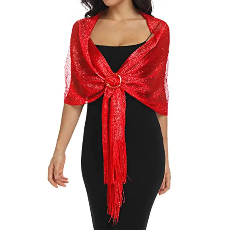 Ladies' Decorative Shawl Gold And Silver Silk Beach Play Tassel Scarf With Buckle Dinner Party Dance Party Wedding Attire Peaceful Pleasures Health and Wellness red
