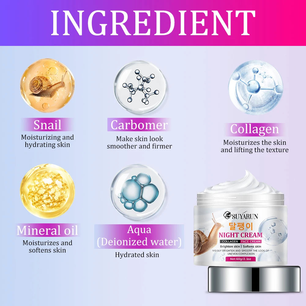SUYARUN Premium Snail Cream with Collagen & Mineral Oil - Anti-Aging, Moisturizing & Brightening Facial Cream , Day & Night Use. Peaceful Pleasures Health and Wellness