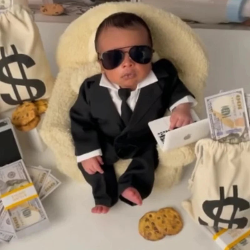 Newborn Photography Romper BOSS Set - Baby Boy's Vest & Bow Tie Two-Piece Outfit - Gentleman Photo Shoot Costume for Infants Peaceful Pleasures Health and Wellness black suit 0-6month
