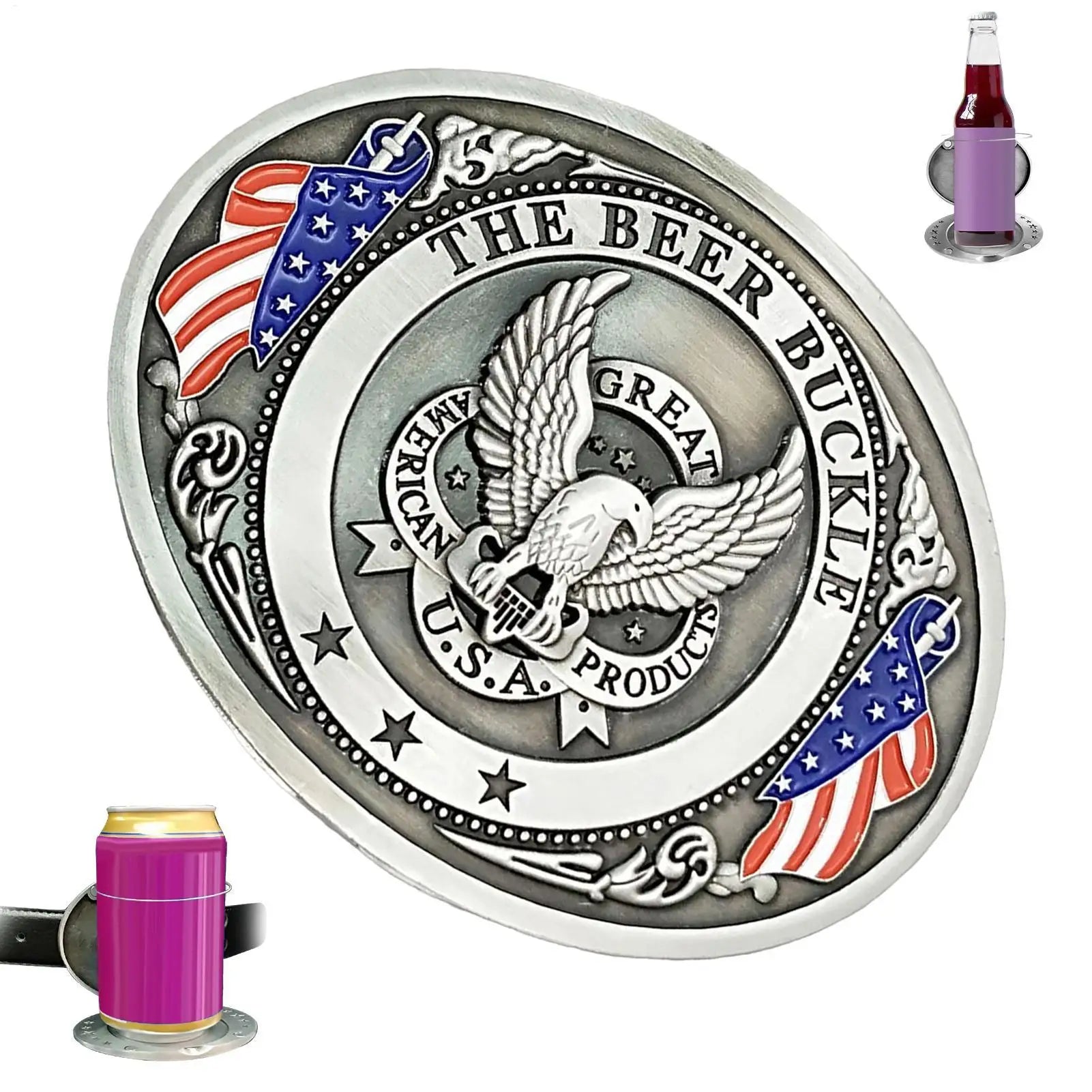 Belt Buckle Beer Holder for Men Vintage Eagle Bull Head American Flag, Metal Cup Holder for Beer Soda Can Water Bottle Party Peaceful Pleasures Health and Wellness
