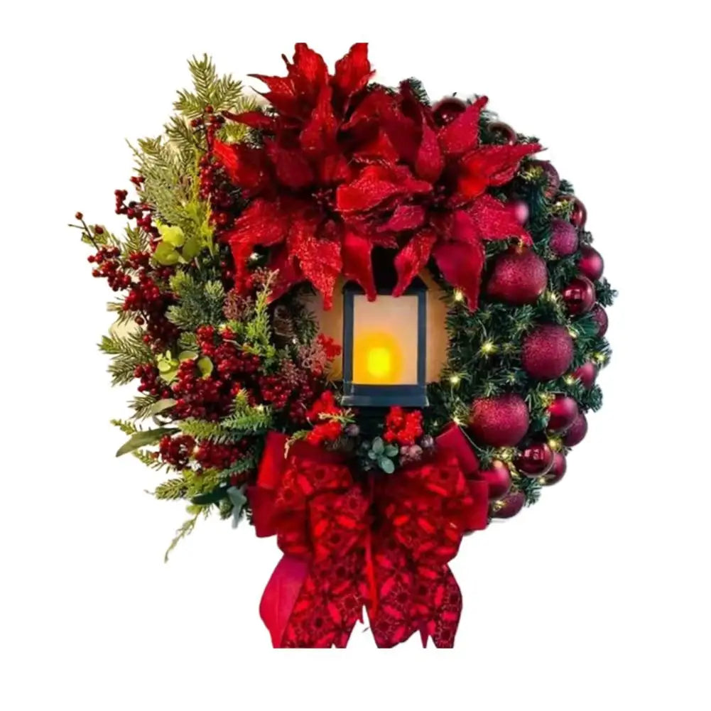 LED Christmas Wreath with Bow & Red Flowers | 40cm Door Decor